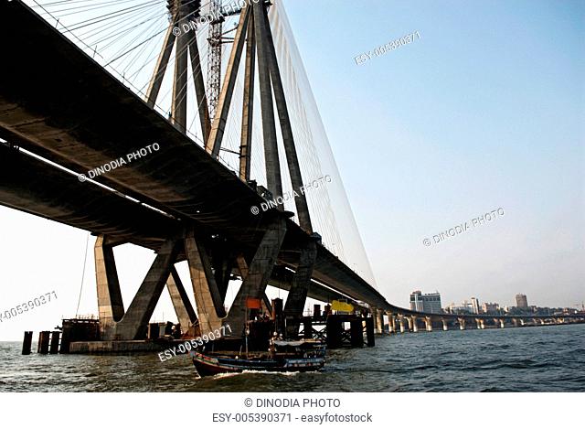 View of under construction eight lane twin carriageway cable stayed Bandra worli sea link ; Bombay Mumbai ; Maharashtra  ; India 28-April-2009