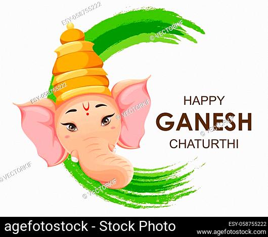 Greeting card with Head of Lord Ganesha. Ganpati idol in traditional Indian clothes for Ganesha Chaturthi holiday. Vector illustration on abstract background