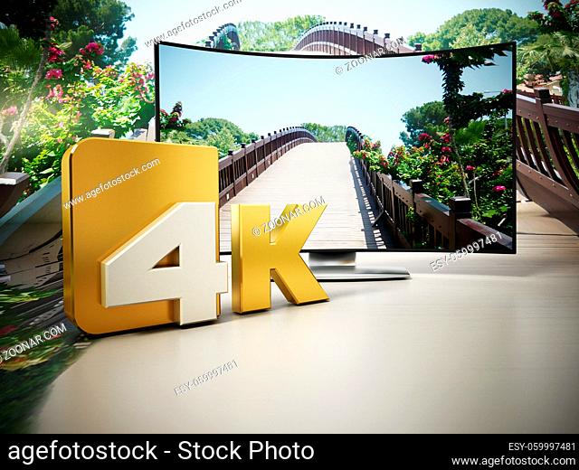 4K Ultra HD television on a bridge and sky setting. 3D illustration
