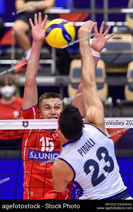 Lukas Vasina of Czech Republic, left, and Giulio Pinali of Italy in action during the men’s volleyball European championship Group B game Czech Republic vs...