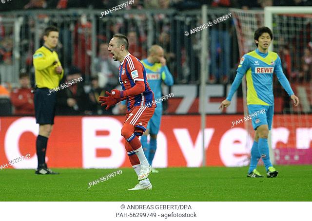 Munich's Franck Ribery (C) cheers after his 2-0 goal during the German Bundesliga soccer match between FC Bayern Munich and 1