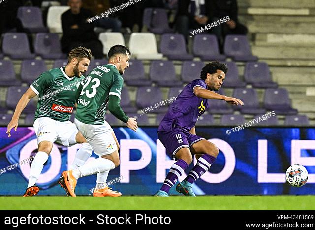 Lommel's Theo Pierrot, Lommel's Granell Nogue Alex and Beerschot's Ryan Sanusi pictured in action during a soccer match between Beerschot VA and Lommel SK