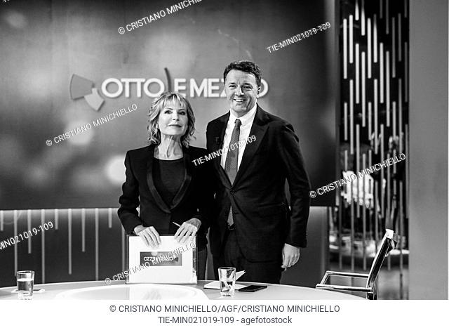 Journalist Lilli Gruber, former Prime Minister and leader of Italia Viva party Matteo Renzi during the tv show Otto e Mezzo, Rome, ITALY-02-10-2019