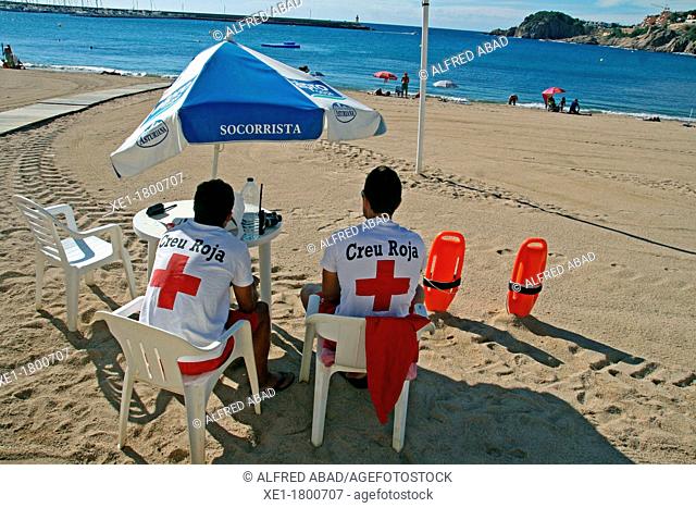lifeguards, Red Cross, Beach from Sant Feliu de Guixols, Catalonia, Spain