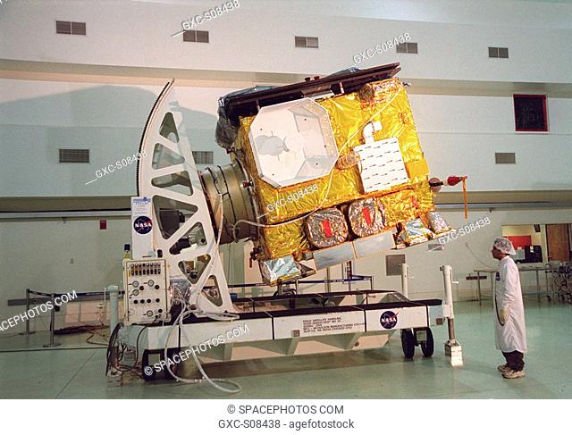 05/23/2001 --- The newest Geostationary Operational Environmental Satellite-M GOES-M satellite is rotated at Astrotech, in Titusville for the media who are...