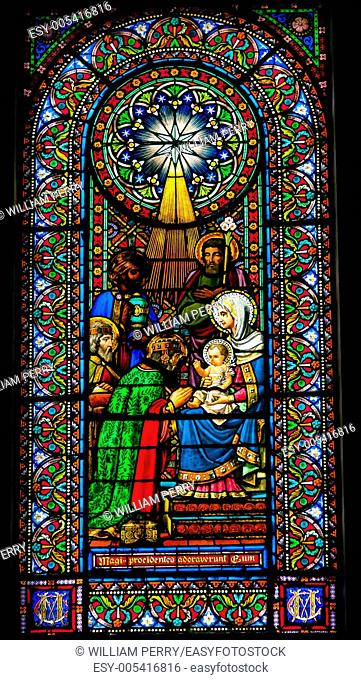 Stained Glass Magi Three Kings Baby Jesus Mary Monestir Monastery of Montserrat, Barcelona, Catalonia, Spain Founded in the 9th Century