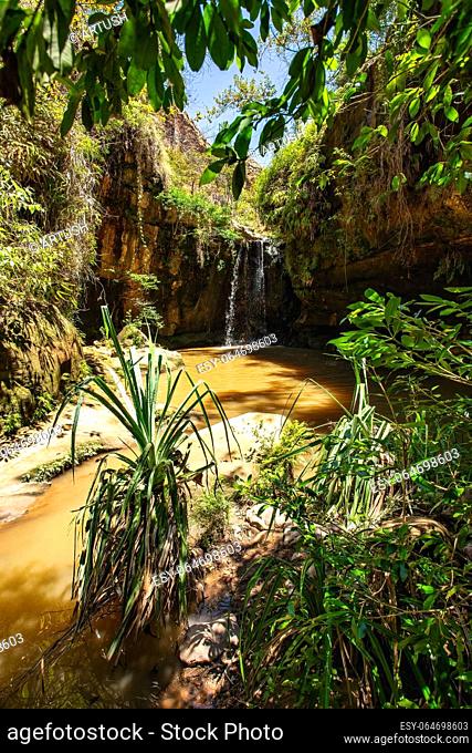 Small rain forest waterfall, pure unattached nature, beautiful Isalo national park. Unattached Madagascar wilderness landscape with lagoon