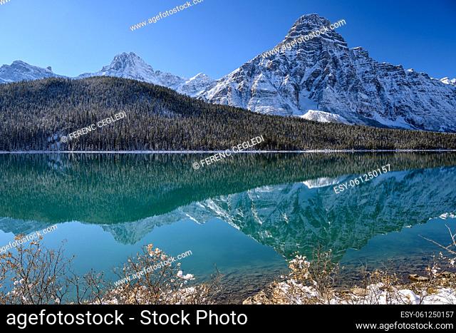 Scenic view of the Waterfowl lakes with the surrounding mountains on the Icefields Parkway in Banff National Park, Alberta, Canada
