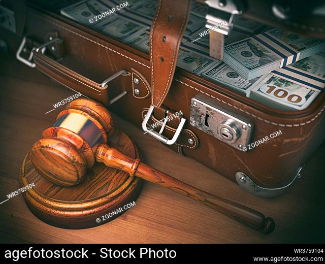 Gavel and suitacse full of money. Concept of corruption, business crime or paying an auction. 3d illustration
