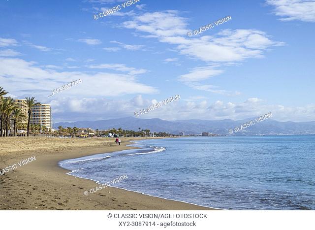 Torremolinos, Costa del Sol, Malaga Province, Andalusia, southern Spain. Early morning on Playamar beach