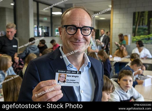 Flemish Minister of Education and Animal Welfare and Sports Ben Weyts pictured during a visit to the GO! Technisch Atheneum Halle on the first day of school for...