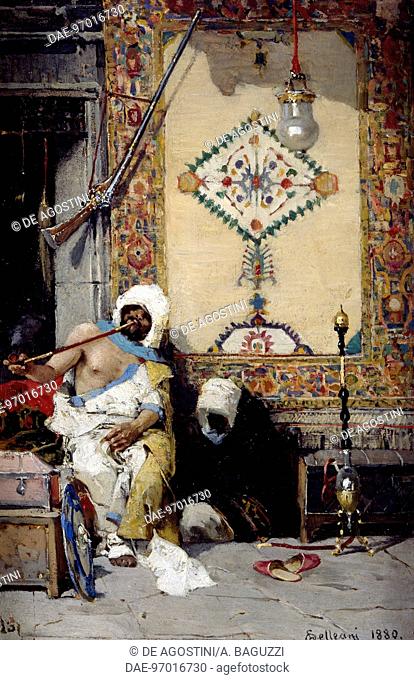 Carpets for sale, 1880, painting by Lorenzo Delleani (1840-1908), oil on panel, 34, 5x22 cm.  Private Collection