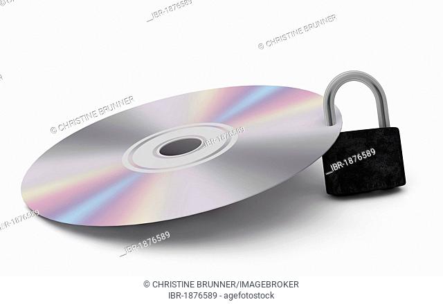CD with padlock, symbolic image, data protection, data security of classified documents, 3D illustration