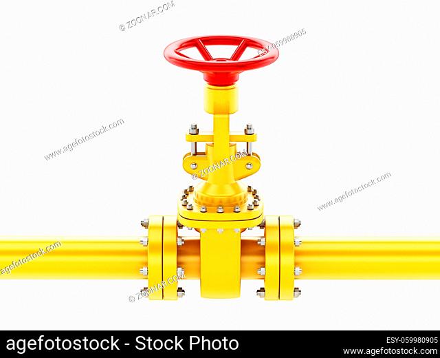 Yellow oil pipe with valve isolated on white background. 3D illustration