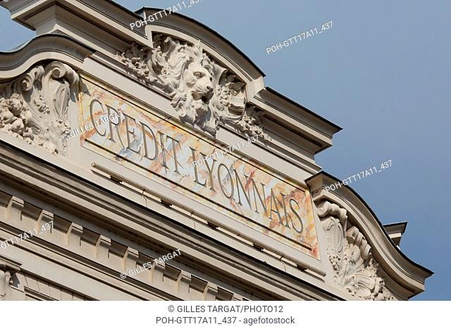 France, Lyon, Rue de la République, Siège du Crédit Lyonnais, bank, lion, pediment, Photo Gilles Targat