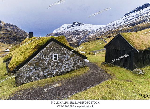 Iconic houses with grass roof, Saksun, Streymoy island, Faroe Islands, Denmark
