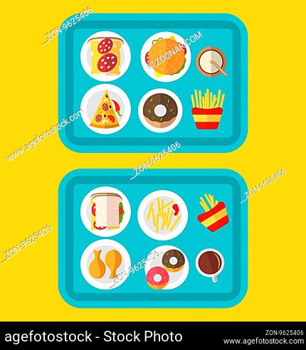 illustration of a fast food meal consisting of a hamburger, soda and french fries, all resting on a plastic tray