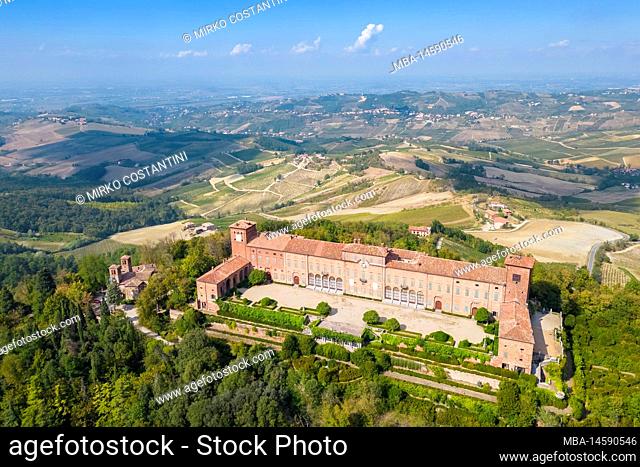 Aerial view of the castle and vineyards of Montalto Pavese. Montalto Pavese, Oltrepo Pavese, Province of Pavia, Lombardy, Italy