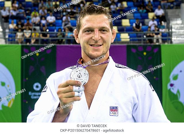 Lukas Krpalek from Czech Republic celebrates silver medal from the Men's Judo under 100kg in Heydar Aliyev Arena at the Baku 2015 1st European Games in Baku