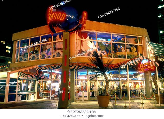 restaurant, Inner Harbor, Baltimore, MD, Maryland, Planet Hollywood illuminated at night in Baltimore's Inner Harbor