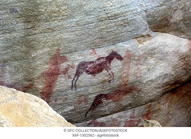 Prehistoric rock paintintg of an eland, zebra or quagga, Bushmen rock painting on the Sevilla Rock Art Trail, Cederberg mountains, South Africa