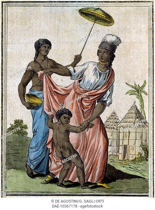 Woman and child with a slave holding an umbrella, inhabitants of Saint-Louis, Senegal, by Jacques Grasset de Saint-Sauveur (1757-1810), colour print