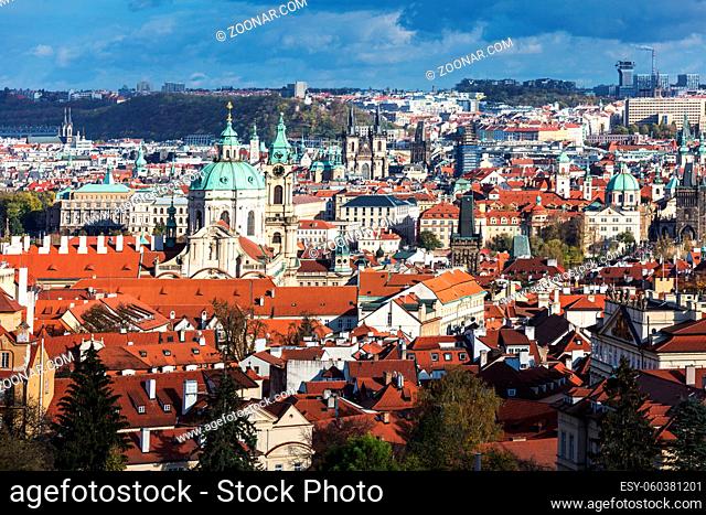 view of Old town of Prague with tiled roofs. Prague, Czech Republic