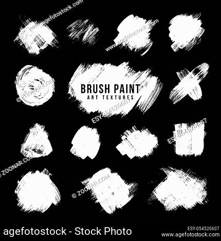 vector hand drawn various white monochrome paint brush strokes smears decorative dirty artistic realistic texture elements set isolated on black background