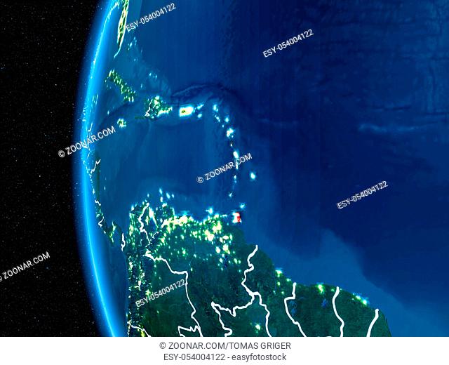 Space orbit view of Caribbean highlighted in red on planet Earth at night with visible country borders and city lights. 3D illustration