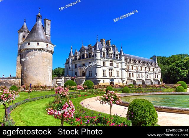 Medieval castle chateau de Chenonceau on the Loire Valley by beautiful day, France