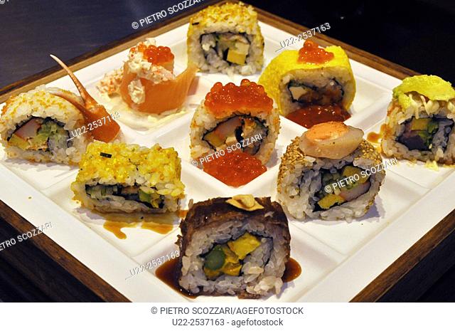 Okinawa, Japan: plastic sushi displayed at the entrance of a restaurant at AEON Mall Okinawa Rycom in Kitanakagusuku