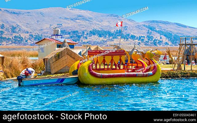 Lake Titicaca, Peru, August 16 a typical boat made of straw moored to a floating island of Lake Titicaca. Shoot on August 16, 2019