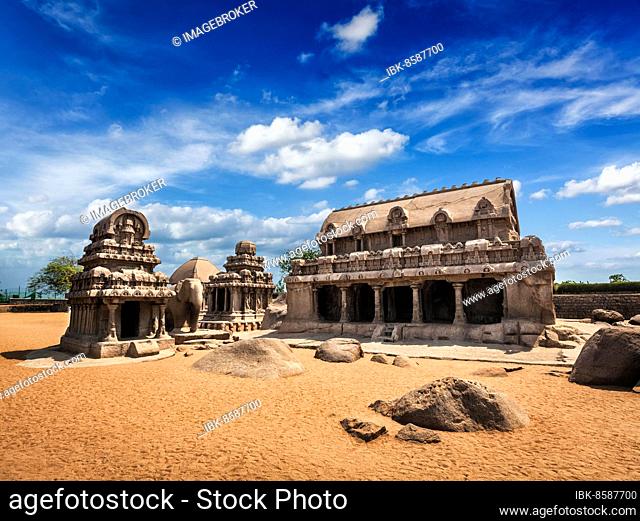 Five Rathas, ancient Hindu monolithic Indian rock-cut architecture. Mahabalipuram, Tamil Nadu, South India
