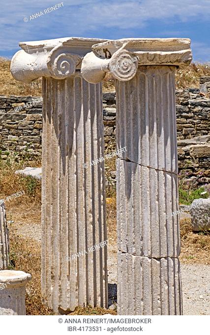 Delphic capital of a pillar, ruins of the ancient city of Delos, Delos Island, Cyclades, Aegean Sea, Greece