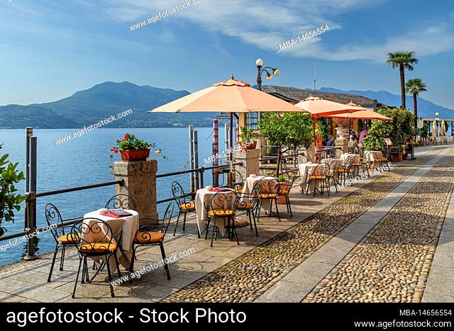 Street cafe on the promenade of Cannero Riviera, Lake Maggiore, Piedmont, Italy