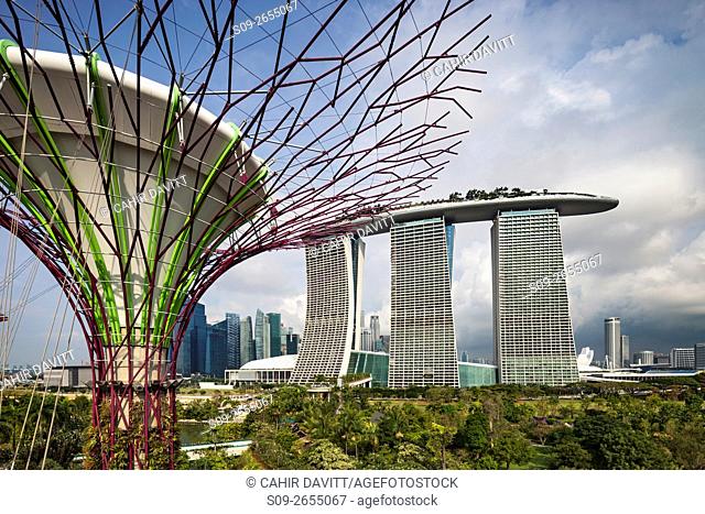 Supertree Grove and the Marina Bay Sands Hotel & Shopping Centre in the Gardens by the Bay, Marina South, Singapore