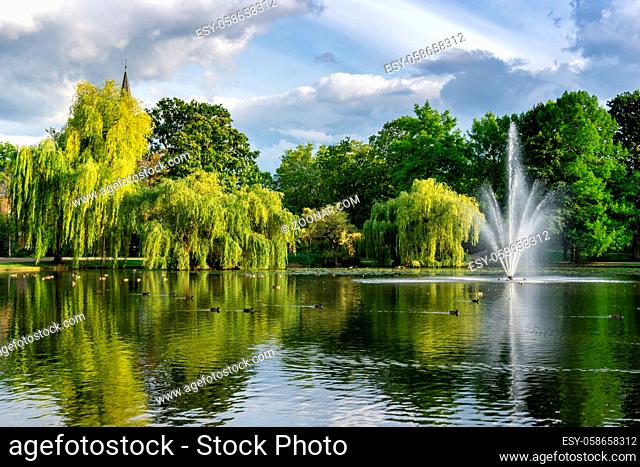 View of beautiful city gardens and park with a pond and geyser fountain