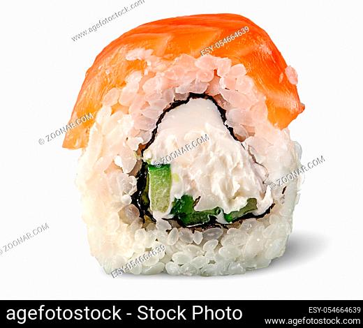 Single piece of sushi roll of Philadelphia isolated on white background