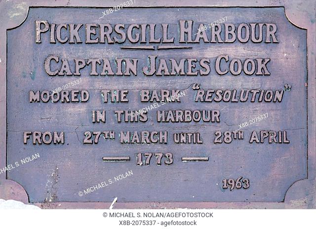 Plaque commemorating Captain James Cook in Pickersgill Harbour inside Dusky Sound, Fiordland National Park, South Island, New Zealand