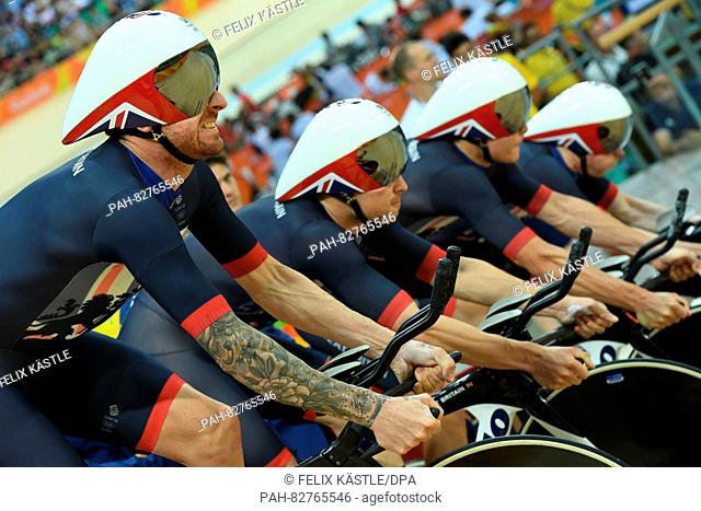 Bradley Wiggins (L) and his teammates Owain Doull, Edward Clancy, Steven Burke and of Great Britain in action during the Men's Team Pursuit at the Olympic...