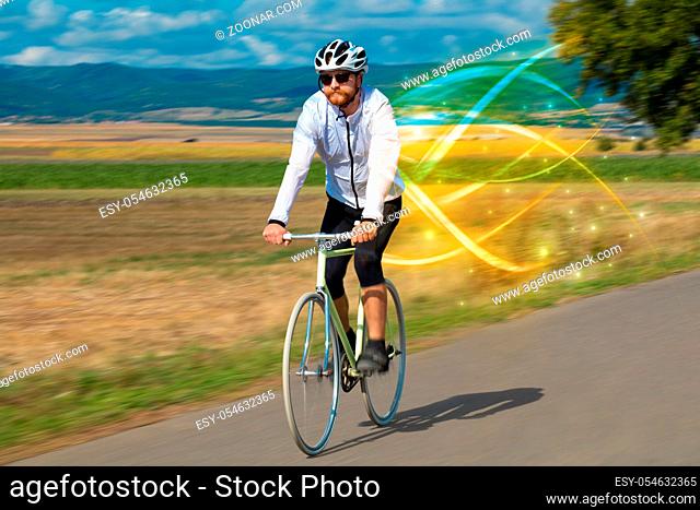 Young cyclist riding bicycle with magical landscape and concept