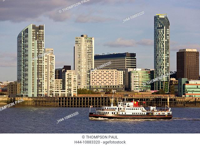 Ferry and Waterfront Skyline, Liverpool, Merseyside, England