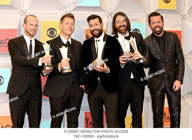 (L-R) Singers Whit Sellers, Trevor Rosen, Matthew Ramsey, Brad Tursi and Geoff Sprung of Old Dominion, winners of New Vocal Duo or Group of the Year
