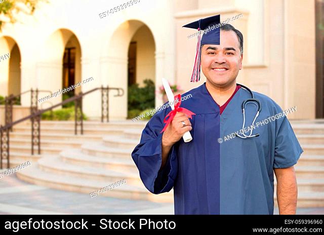 Split Screen of Hispanic Male As Graduate and Nurse On Campus or At Hospital