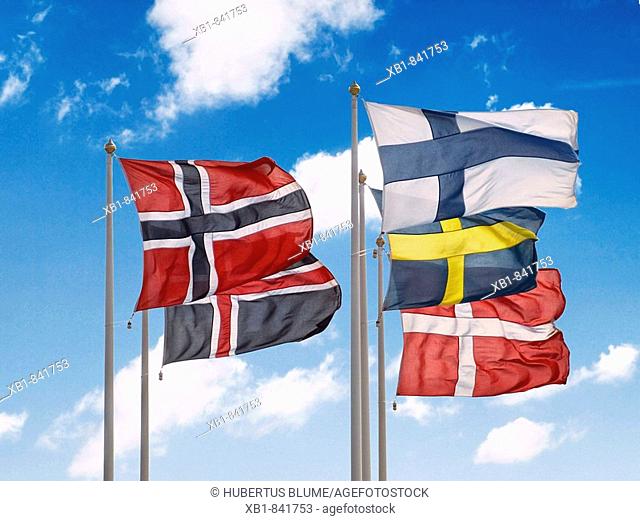 The flags of Norway, Iceland, Finland, Sweden and Denmark flying in the wind