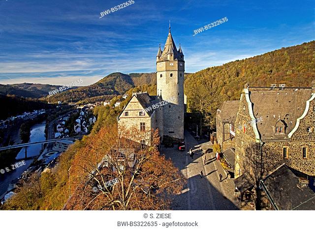 panoramic view from Altena Castle on the Klusenberg into the valley of river Lenne in autumn, Germany, North Rhine-Westphalia, Sauerland, Altena