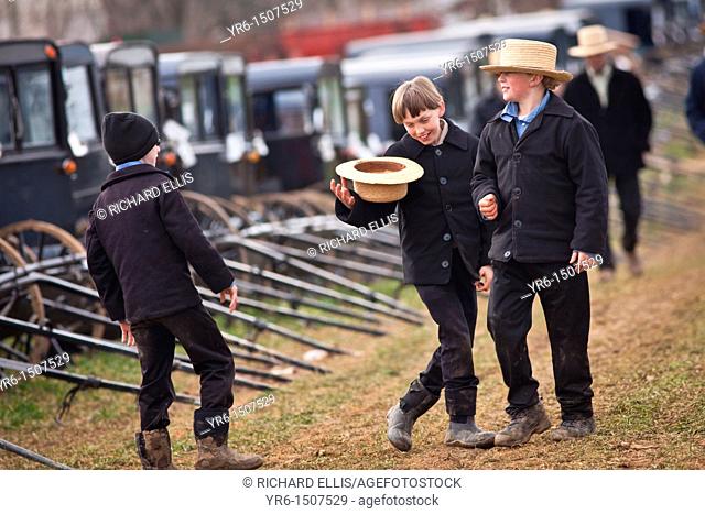 Amish boys play around during the Annual Mud Sale to support the Fire Department in Gordonville, PA
