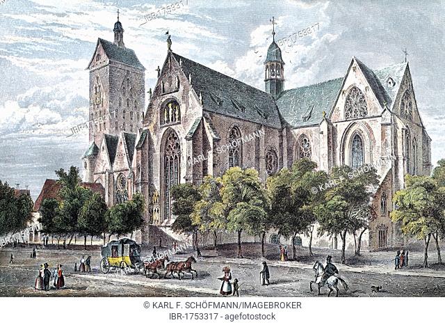 View of Paderborn, Paderborn Cathedral, about 1845, historic cityscape, steel engraving created in the 19th century, North Rhine-Westphalia, Germany, Europe