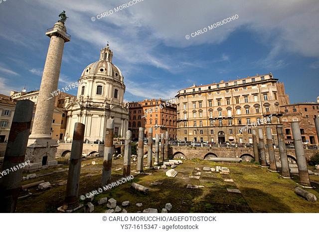 Trajan's column, Santa Maria di Loreto church and Piazza Venezia in Rome, Lazio, Italy, Europe