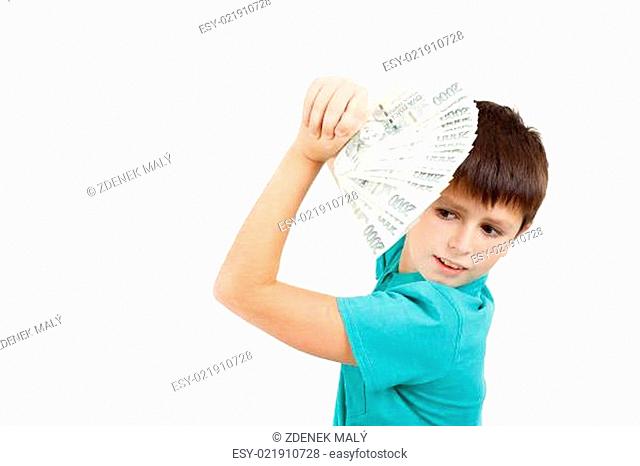boy holding a fan from czech crown banknotes